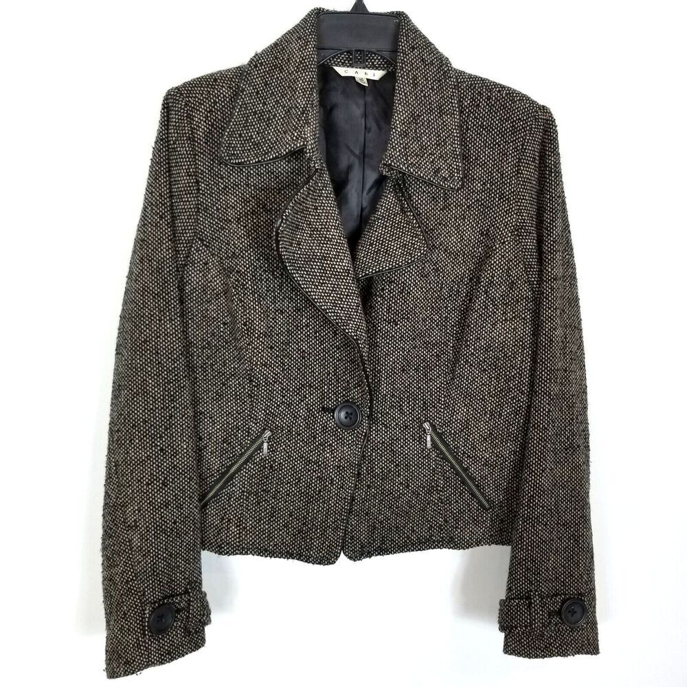 Cabi Women's Tweed Cropped Jacket Sz 16 Brown Wool Blend Casual‎ Office